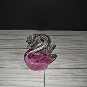 Art Glass Clear & Pink Blown Swan Figurine Collectible Home Decor Paperweight